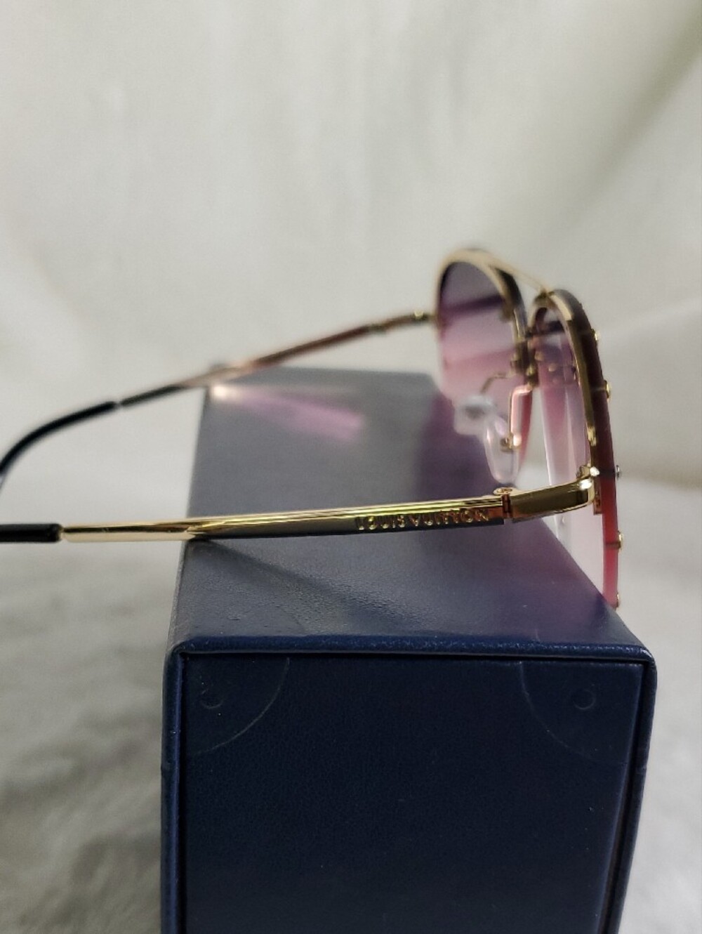 Purple Gradient Rimless Sunglasses with Gold Stud Accents Inspir@d Fashion . - Picture 5 of 8